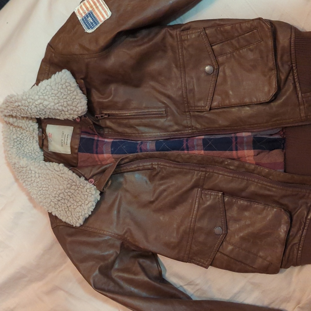 Boys brown sherpa leather coat